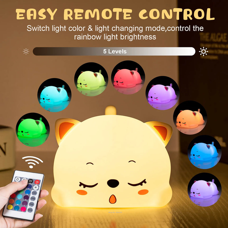 Cat LED Night Light Touch Sensor Remote Control Colorful Silicone USB Rechargeable Bedroom Bedside Lamp for Children Baby Gift